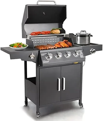 propane gas grill 4 burners with side burner freestanding grill cart with wheels for outdoor garden cooking barbecue grill black